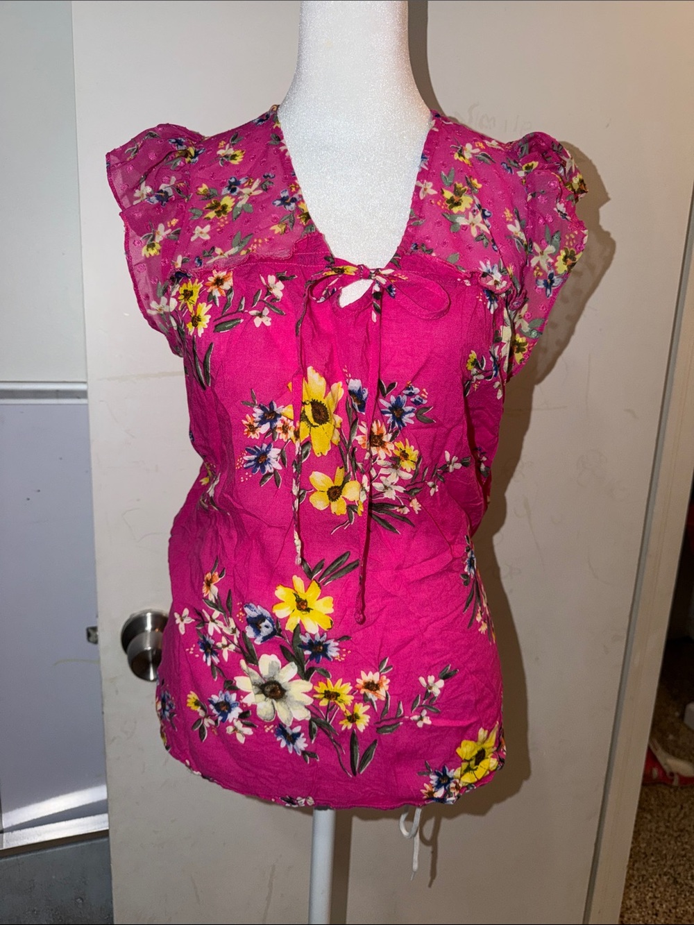 DR2 Fuchsia Floral Tie-Neck Blouse